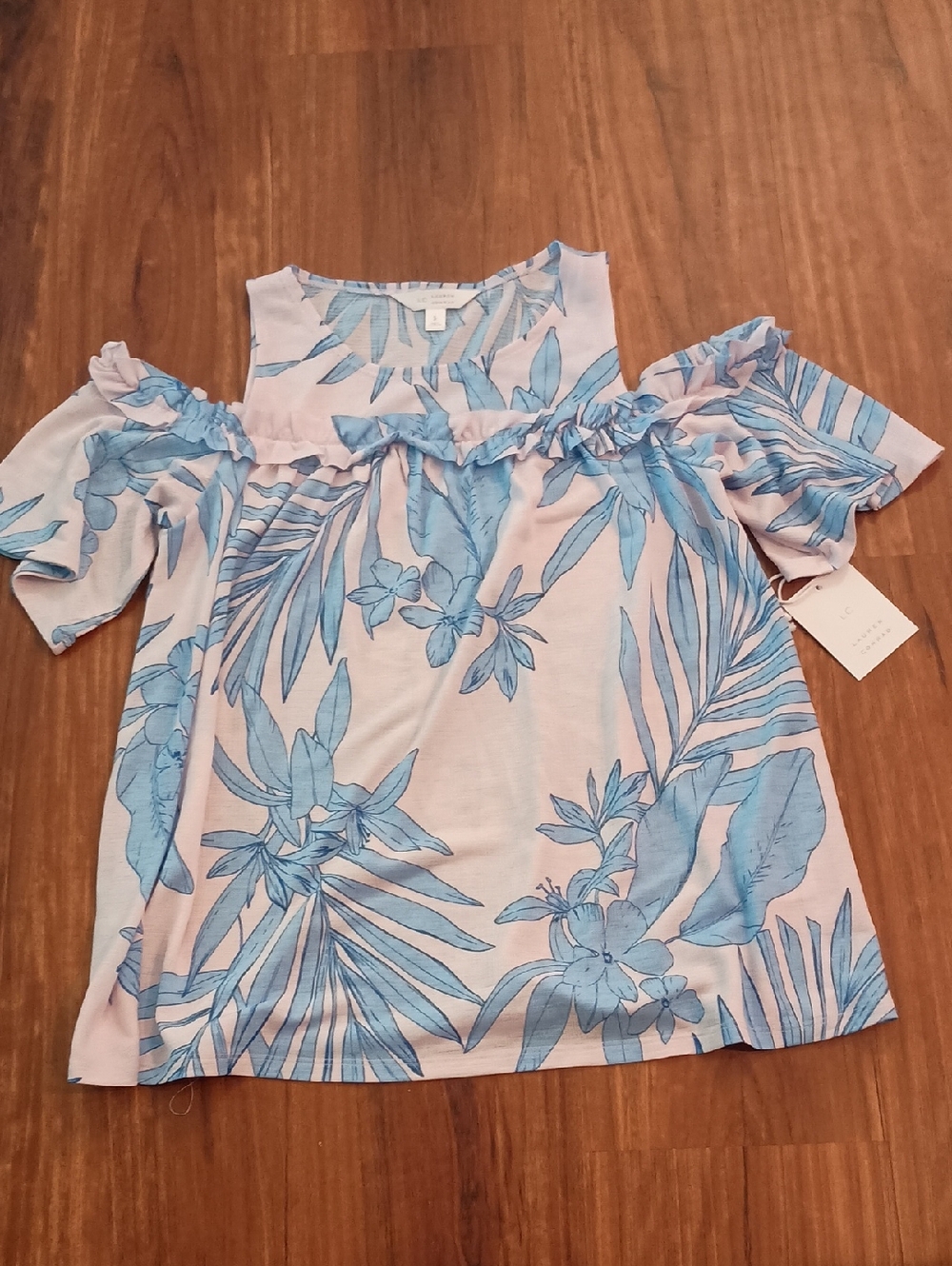 LC Lauren Conrad Blue Floral Off-Shoulder Top